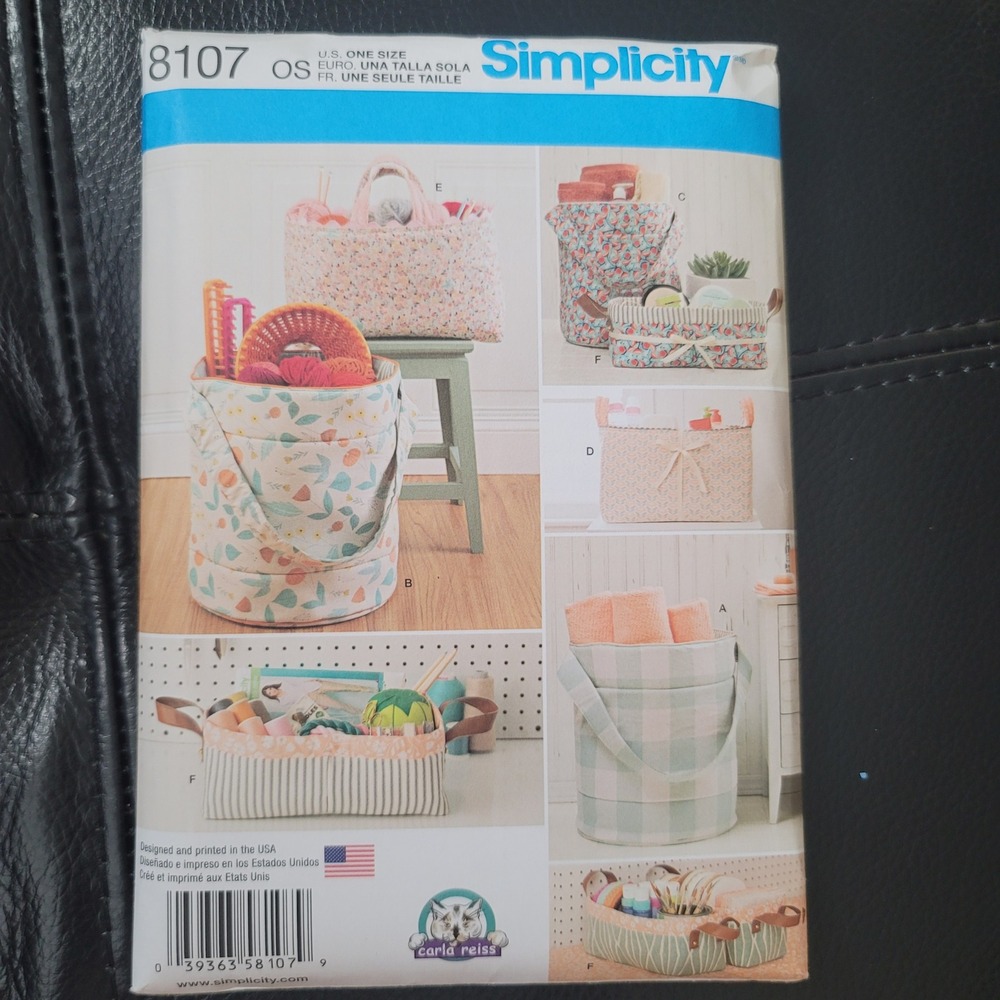 Simplicity 8107 Sewing Pattern Organizers Buckets Baskets Totes Uncut OS